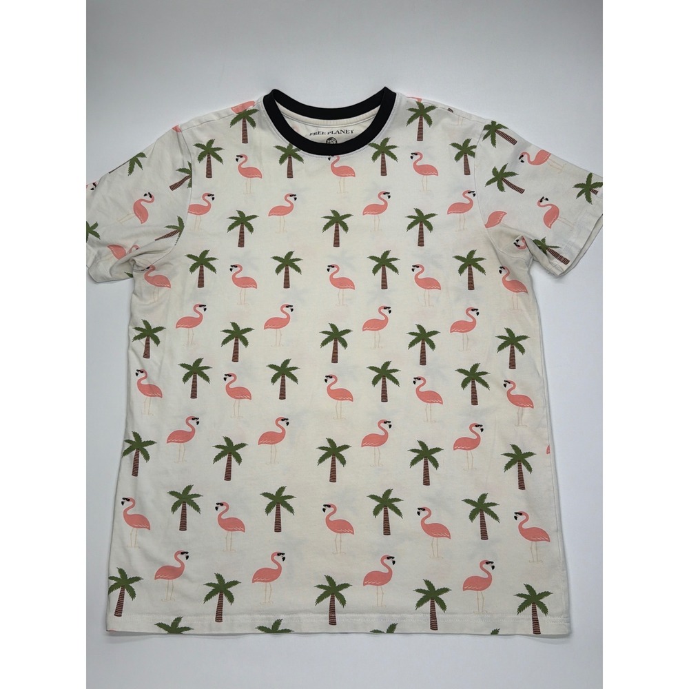 Free Planet Mens Flamingo Palm Tree Print T-Shirt Off-White Medium Short Sleeve